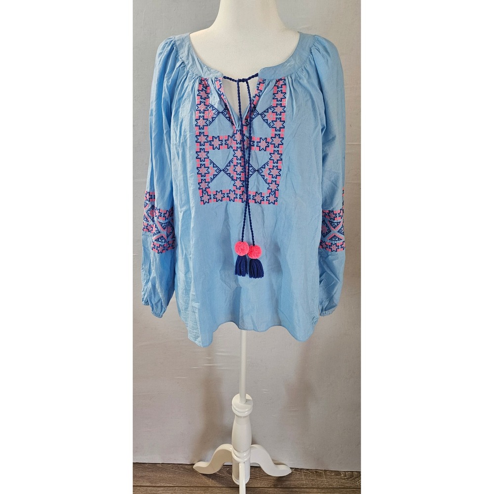 Lilly Pulitzer Blue Cotton Embroidered Tassel Peasant Blouse Top XL